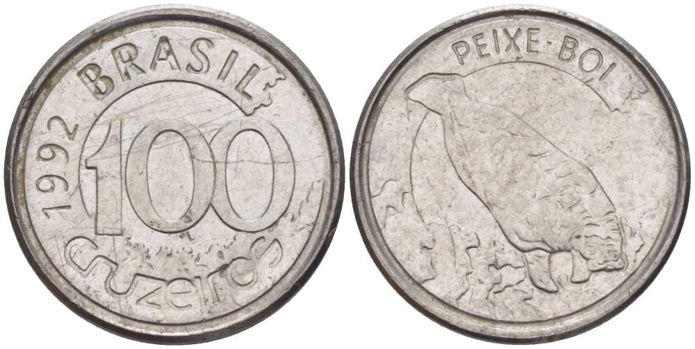БРАЗИЛИЯ 100 КРУЗЕЙРО 1992 РЕФОРМА 1990-1993, ЛАМАНТИН KM 623 нержавеющая сталь 4387-229