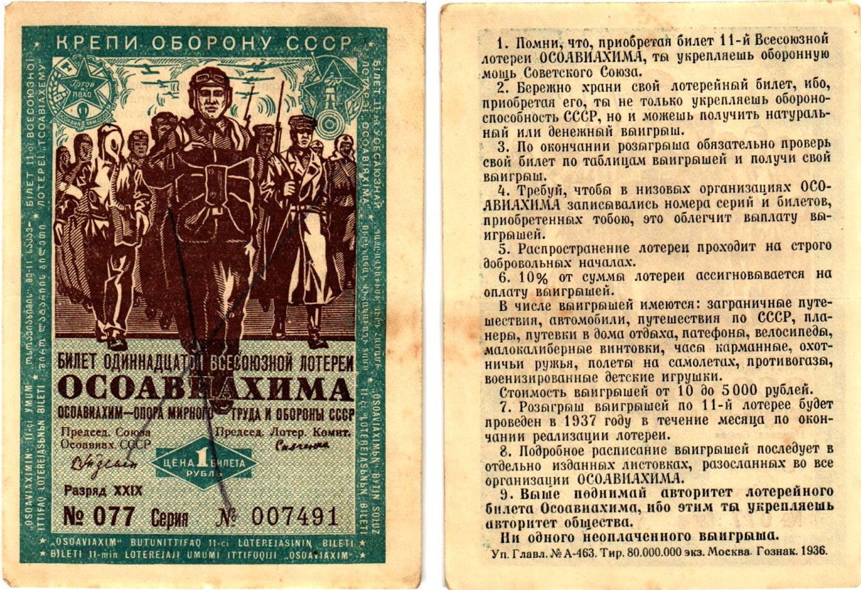 СССР 1 рубль 1936 Одиннадцатая всесоюзная лотерея Осоавиахима 2195-55-2-1