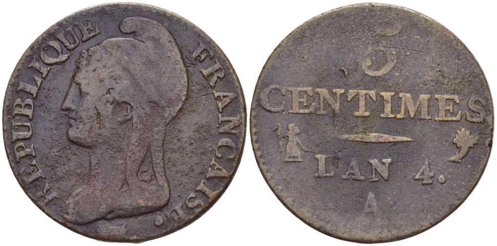 ФРАНЦИЯ 5 САНТИМОВ 1795 А, ДИРЕКТОРИЯ (1795-1799) LAN 4 KM 635.1 (С131.1) бронза 117-847