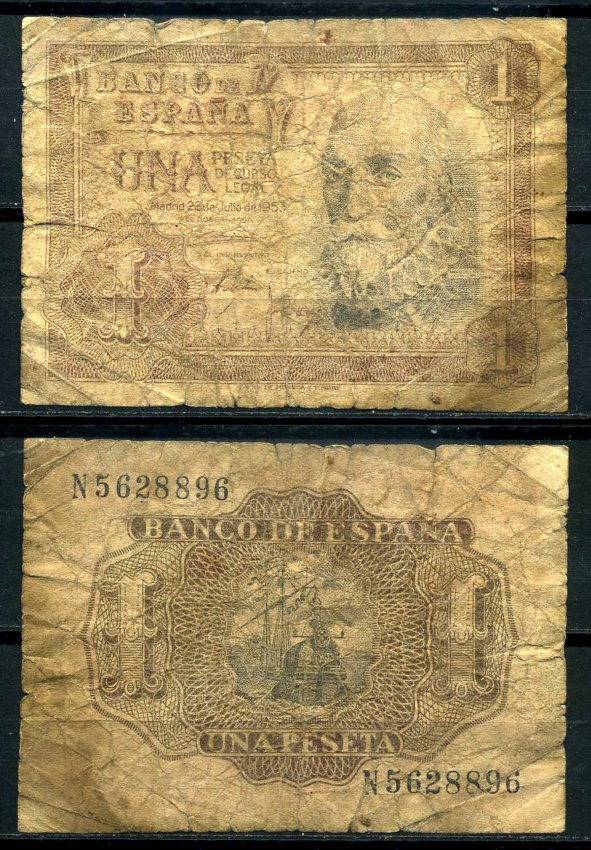 Испания 1 песета 1953 22 июля 1953, Мигель де Санта Круз Pick 144а бумага 7207-45-1-2