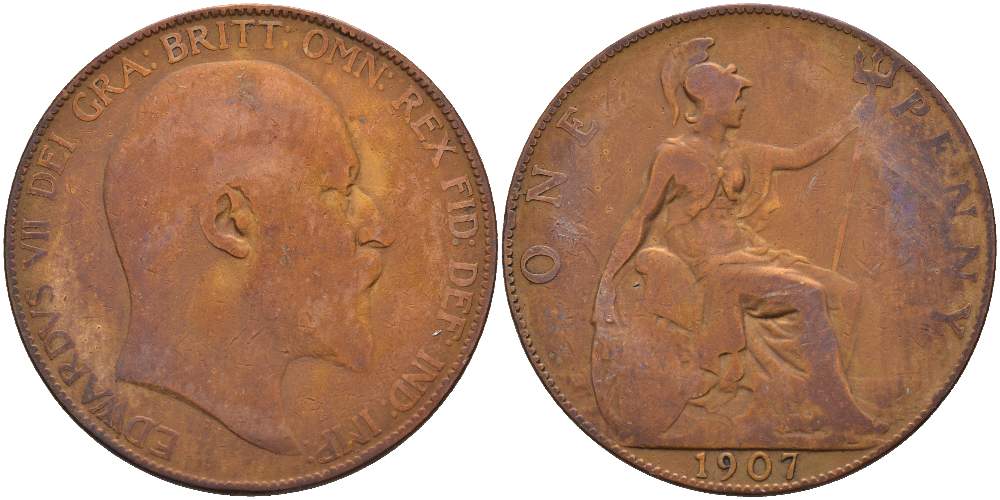 Великобритания 1 пенни 1907 Эдуард VII (1901-1910) KM 794.2, Spink 3990 бронза 4593-135