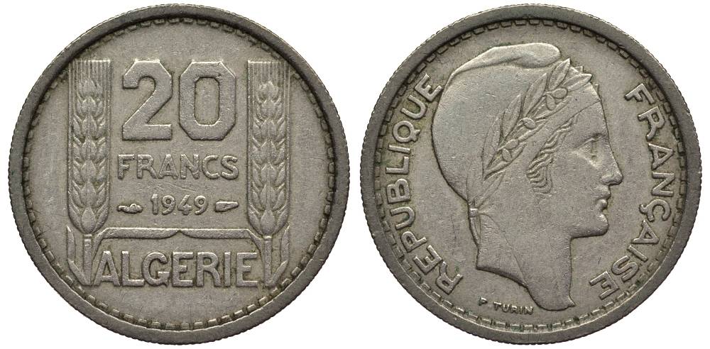 Алжир, Французский 20 франков 1949  KM 91 медно-никель 27-751