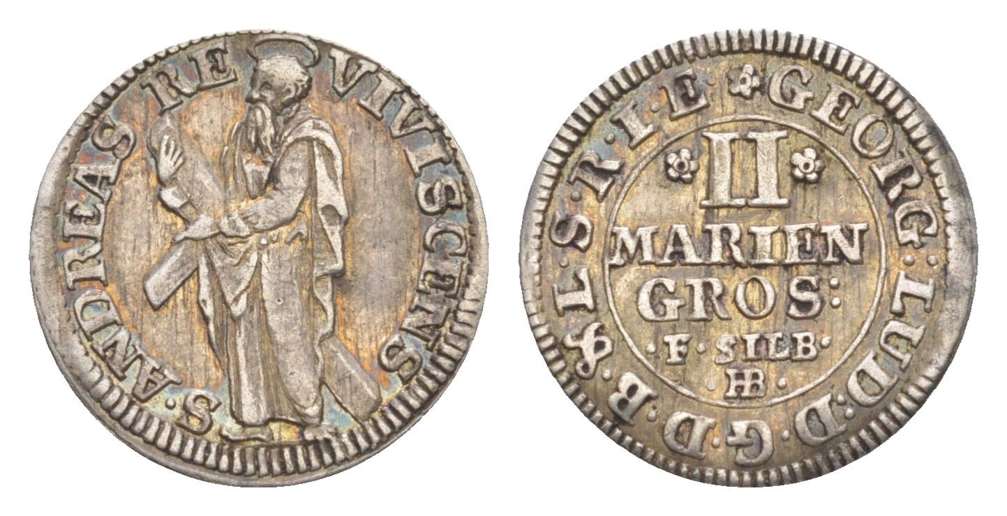 Брауншвейг-Каленберг-Ганновер 2 мариенгроша ND (1698-1714) HB, Георг I (1698-1727), из коллекции Ричарда Б. Смита Welter 2200 серебро 1525-645