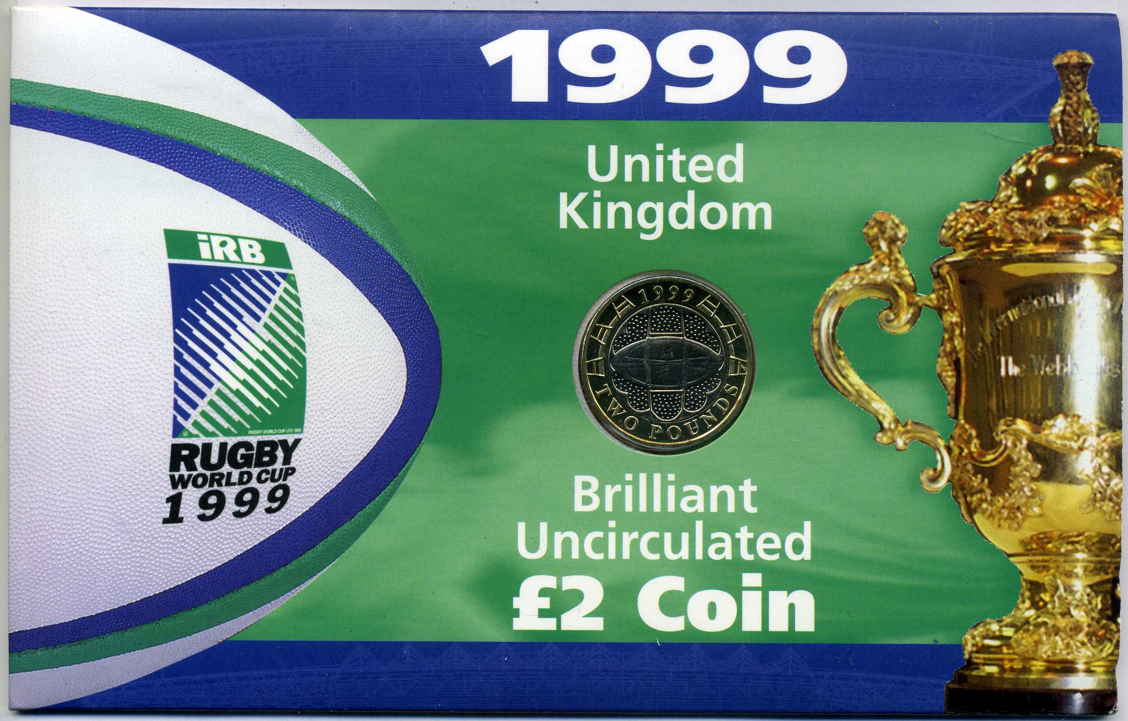 Великобритания 2 фунта 1999 Елизавета II (1952-2022), Чемпионат мира по регби, в оригинальном картонном буклете KM 999, Spink 4571 (K10) биметалл BUNC 3-4-4-45