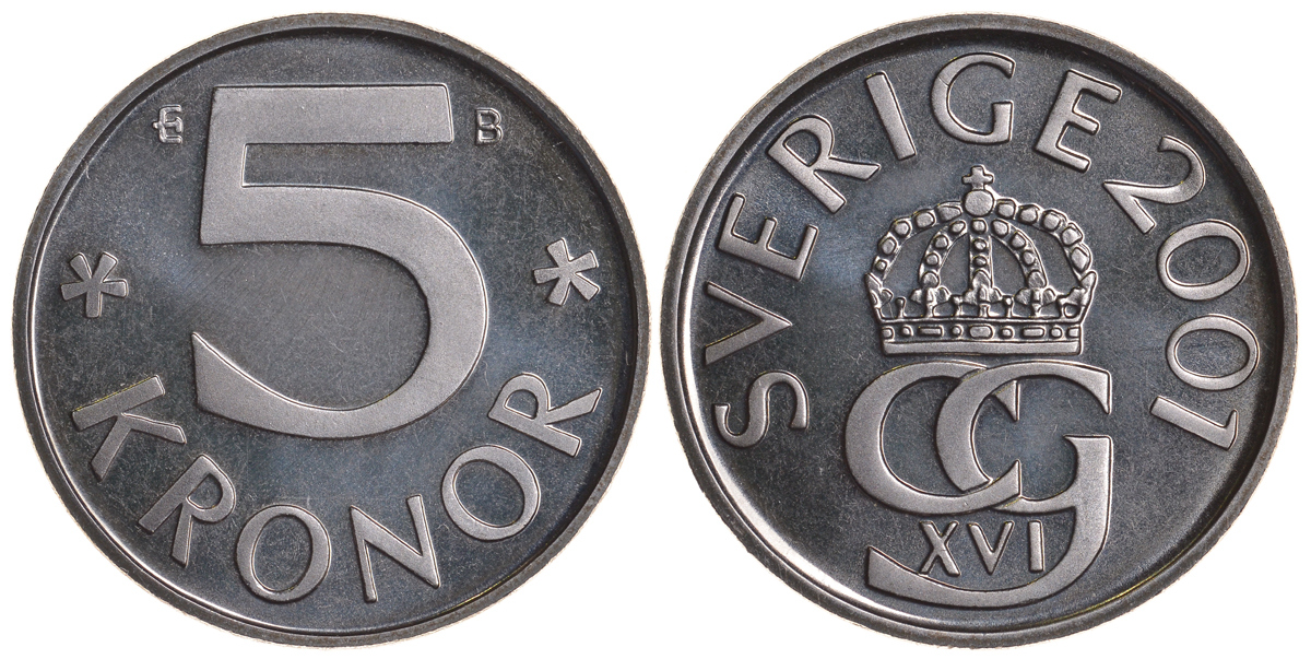 Швеция 5 крон 2001 B, Карл XVI Густав (1973- ) KM 853a медно-никель PROOFLIKE 59-232