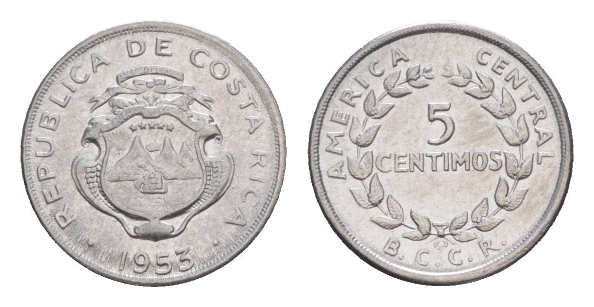 Коста-Рика 5 сентимо 1953 KM 184.1a нержавеющая сталь UNC 4644-319