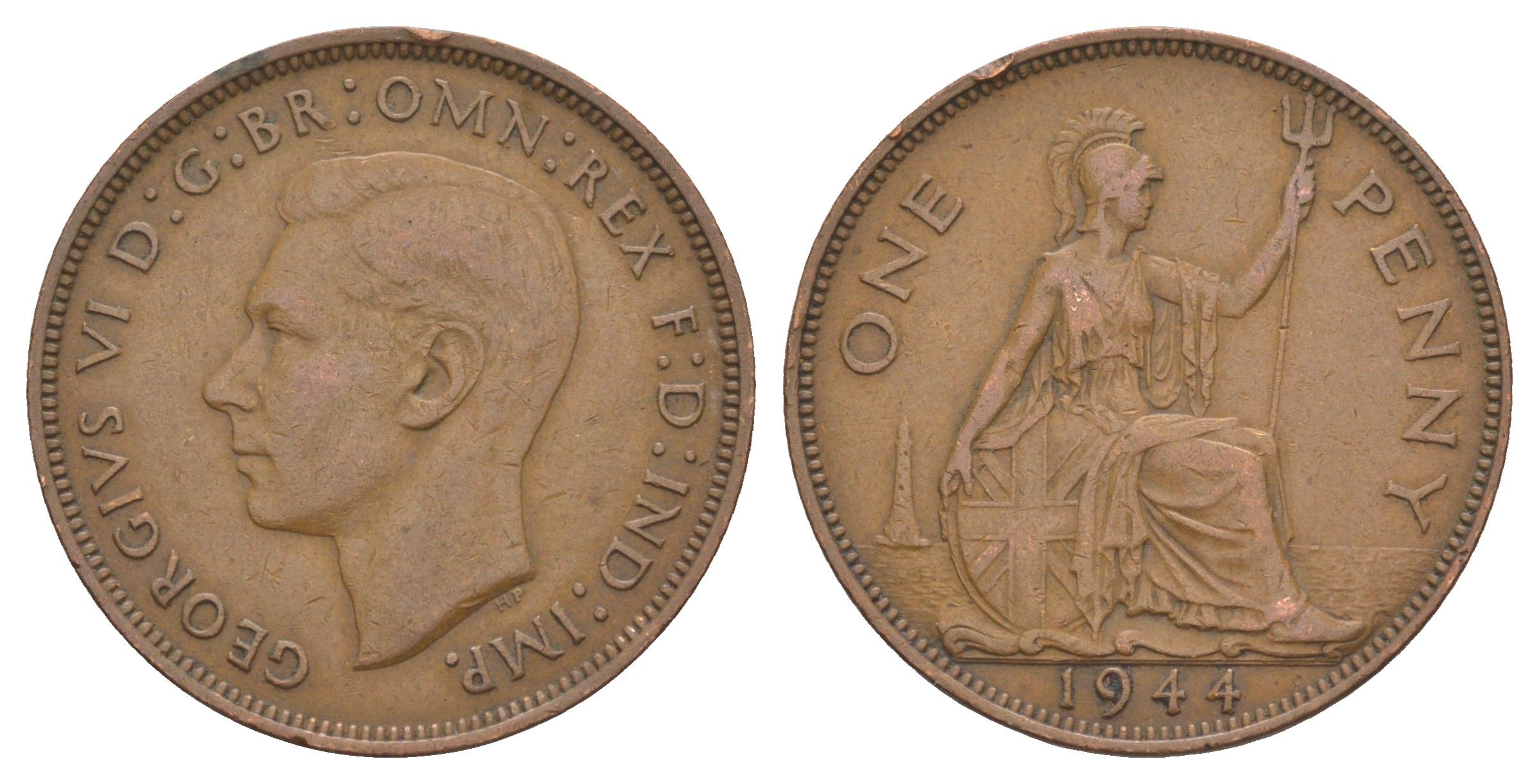 Великобритания 1 пенни 1944 Георг VI (1936-1952) KM 845, Spink 4114 бронза 4634-926