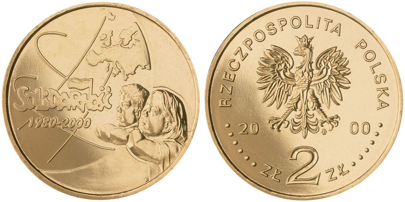 Польша 2 злотых 2000 MW, 20 лет профсоюзу "Солидарность" KM 394 нордик  UNC 4521-926