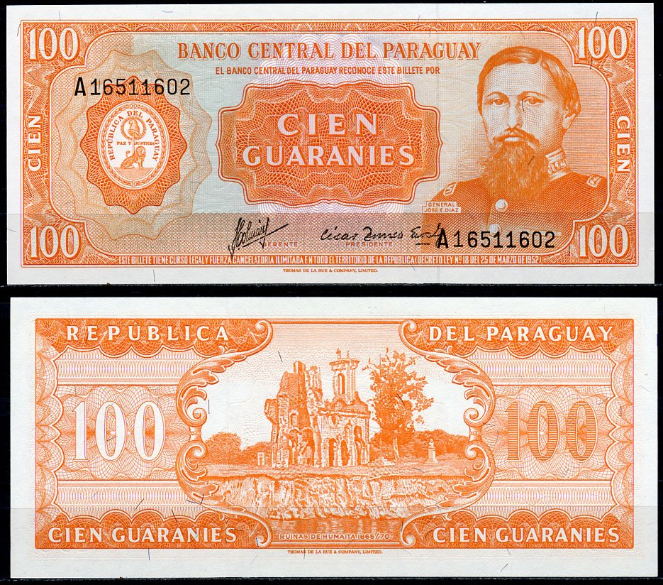 Парагвай 100 гуарани 1952 (1963) Хосе Эдувихис Диас Pick 199 b бумага UNC (пресс) 2196-43-2-2