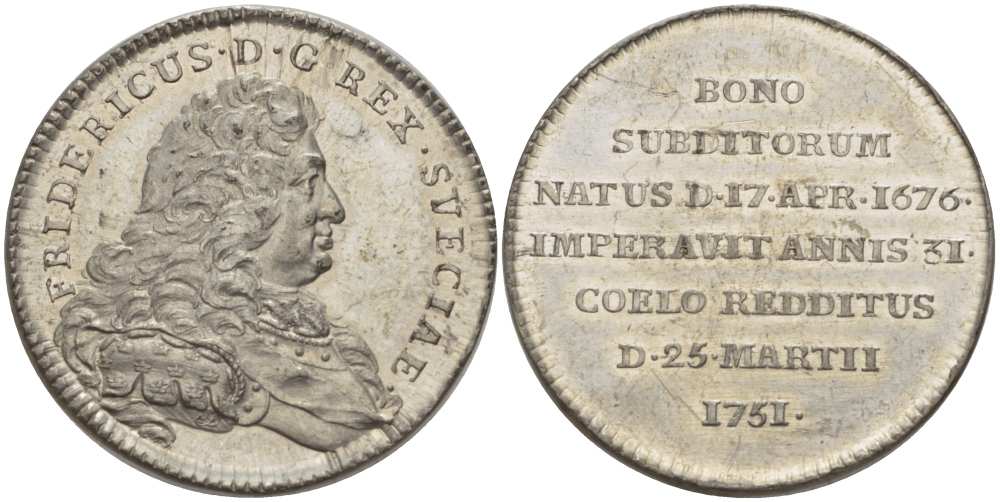 ШВЕЦИЯ МЕДАЛЬ ND КОРОЛЬ ШВЕЦИИ ФРЕДЕРИК I (РОДИЛСЯ 17 АПРЕЛЯ 1676 - СКОНЧАЛСЯ 25 МАРТА 1751), ДИАМЕТР 30,5 ММ., ВЕС 8,73 ГР. белый металл UNC 272-1635