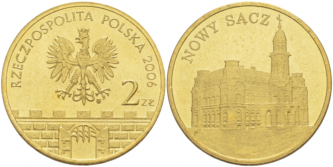 Польша 2 злотых 2006 MW, серия польские города, Новы-Сонч (NOWY SAGZ) KM 573 латунь UNC 69-1045