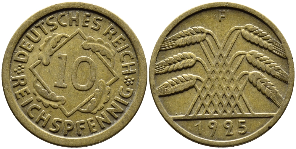 ГЕРМАНИЯ 10 РЕЙХСПФЕННИГОВ 1925 F KM 40, J.317 алюминиевая бронза 4390-841