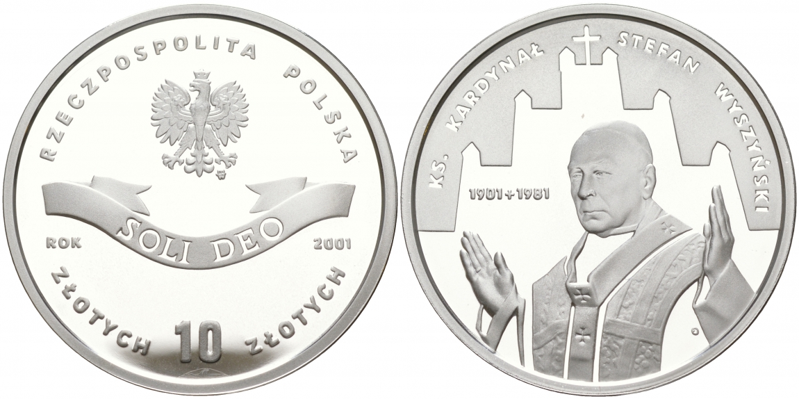 Польша 10 злотых 2001 MW, кардинал Стефан Вышинский (1901-1981) KM 419 серебро PROOF 1087-8-21