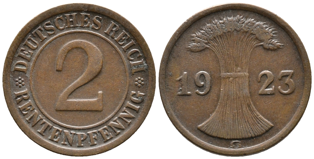 ГЕРМАНИЯ 2 РЕНТЕНПФЕННИГА 1923 G KM 31, J. 307 бронза 24-412