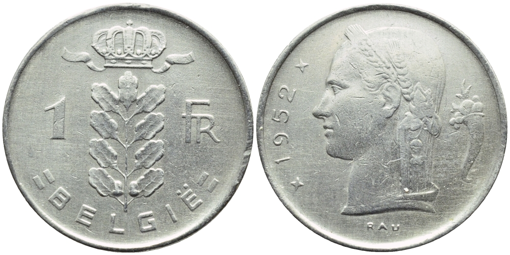 Бельгия 1 франк 1952 Belgie, Бодуэн I (1951-1993) KM 143.1 медно-никель 4390-1232