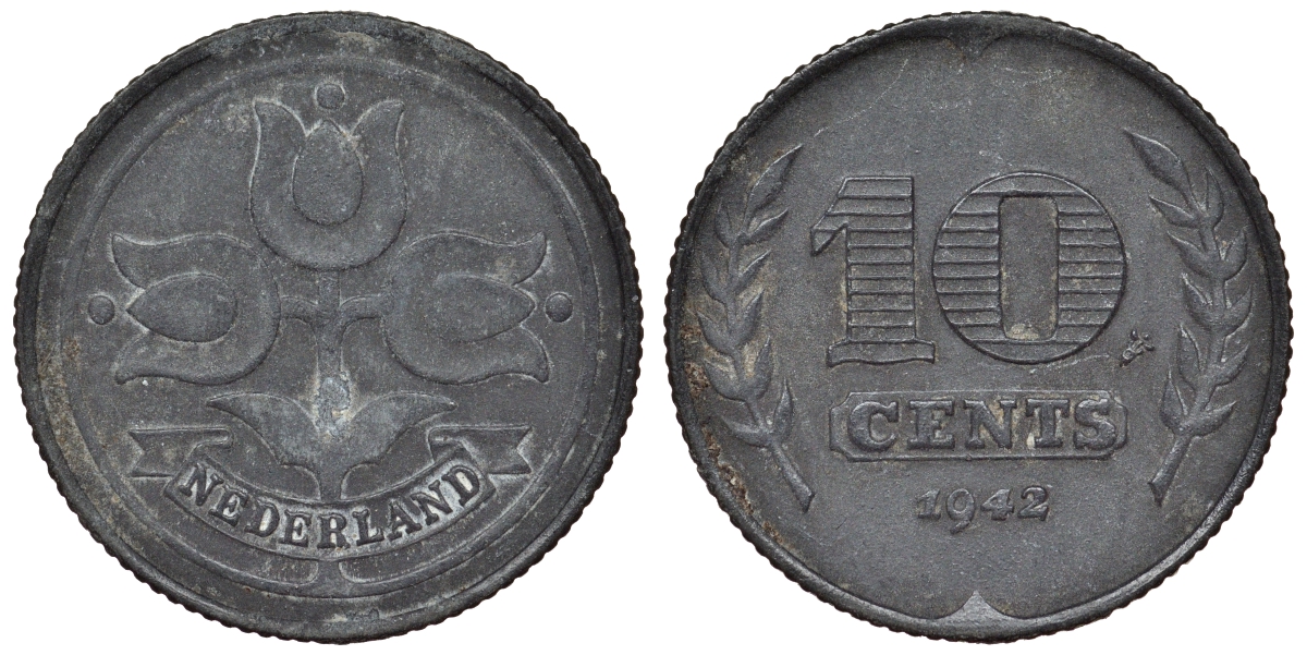 Нидерланды 10 центов 1942 Вильгельмина I (1891-1948), германская оккупация, Вторая мировая война KM 173 цинк 4119-1153