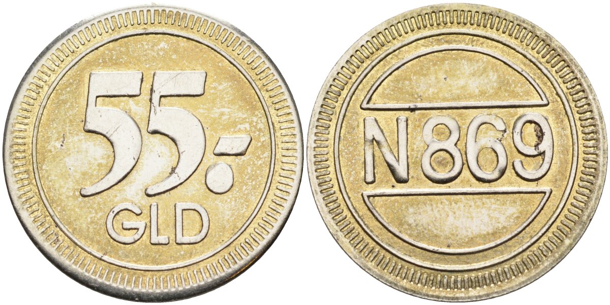 Нидерланды жетон ND рекламный, 55.-GLD, №869, диаметр 26 мм. никелированная сталь 4185-834