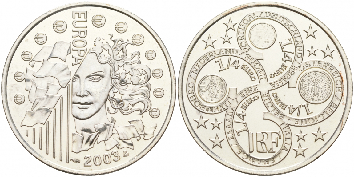 Франция 1/4 евро 2003 первая годовщина евровалюты KM 1991 серебро UNC 1521-1044