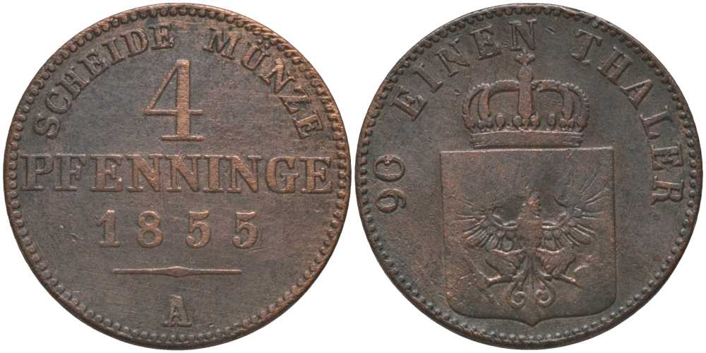 Пруссия 4 пфеннига 1855 А, Фридрих Вильгельм IV (1840-1861) KM 454, Jaeger 53, Olding 334, AKS 89 медь 117-431