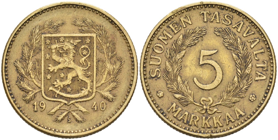 ФИНЛЯНДИЯ 5 МАРОК 1940 S KM 31 алюминиевая бронза 4563-352