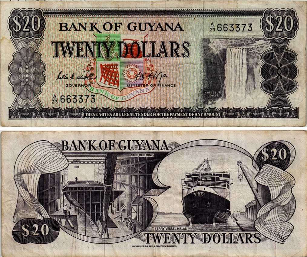 ГАЙАНА 20 ДОЛЛАРОВ 1966-1989 ПОДПИСЬ 5, ВОДОПАД КАЙЕТУР, ПОРТ, КОРАБЛЬ Pick 24b бумага 7203-87-3