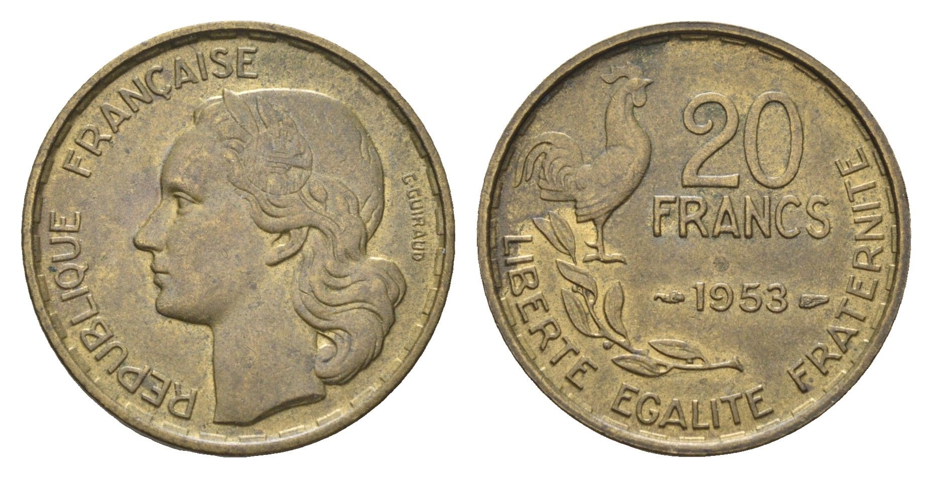 Франция 20 франков 1953  KM 917.1 алюминиевая бронза    4660-317