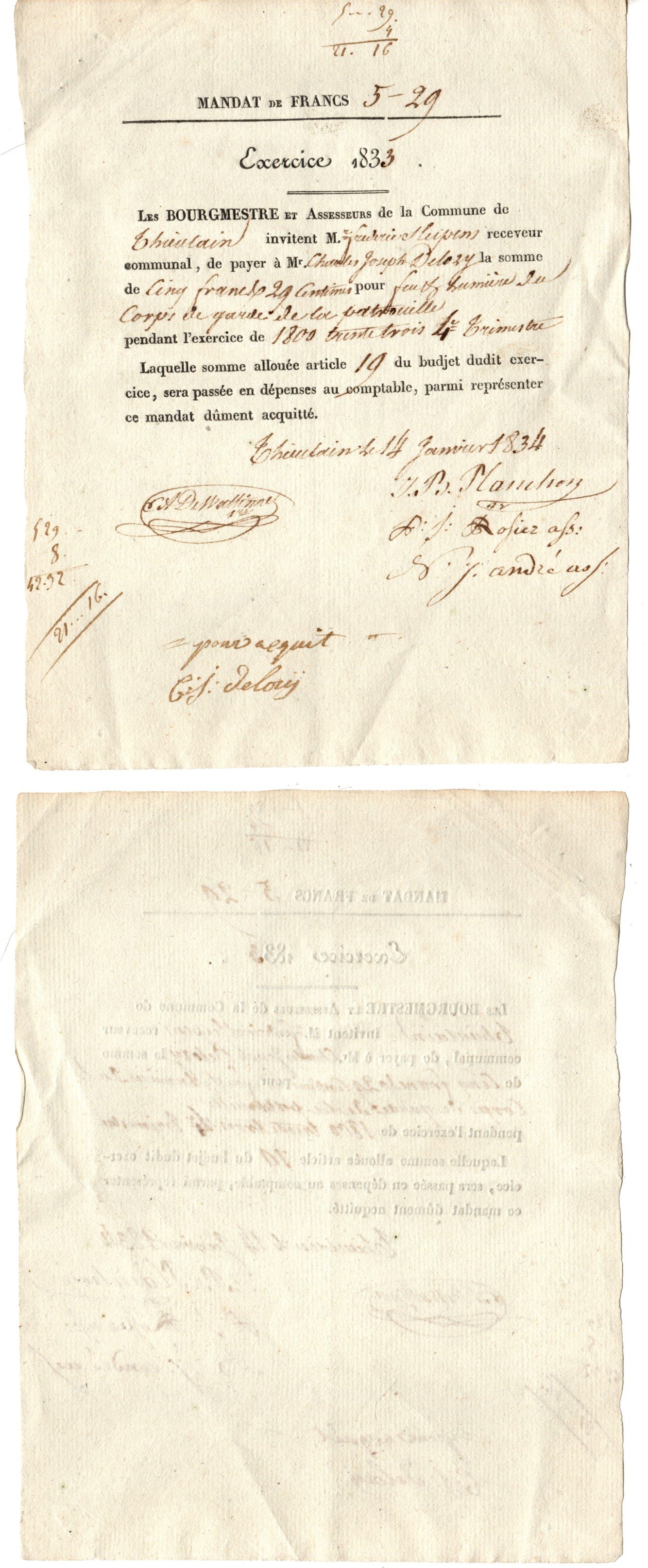 Франция платежный мандат / платежное поручение на суммму 5 франков 1833 бумага 8618-21-1-2