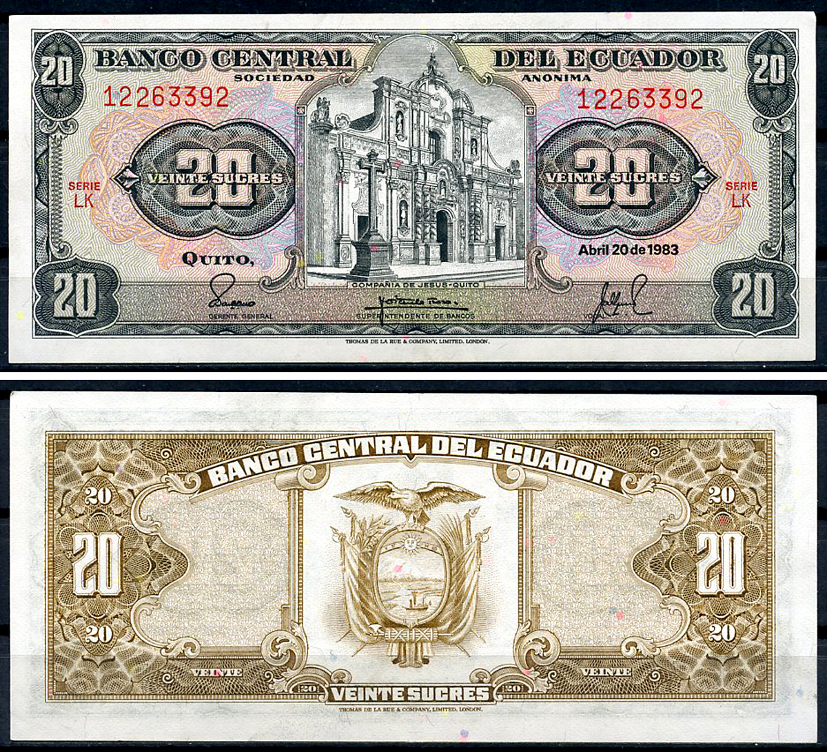 Эквадор 20 сукре 1983 Церковь Общества Иисуса, серия LK Pick 115 b (1983 (6))  бумага  UNC (пресс) 6294-63-4-2