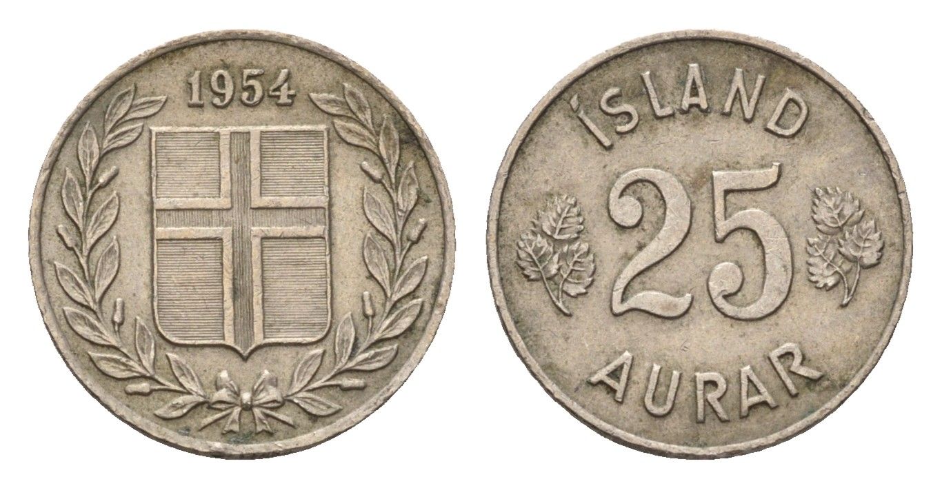 Исландия 25 эйре 1954 KM 11 медно-никель 4690-568
