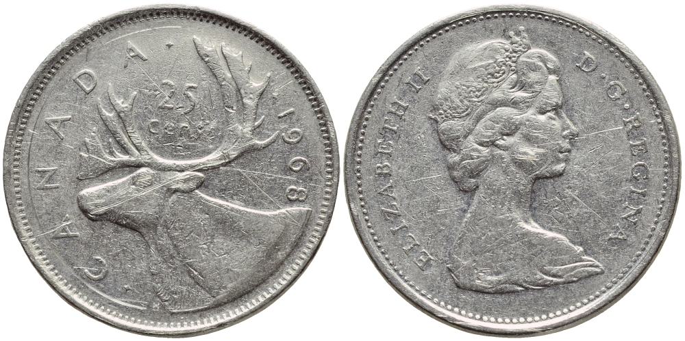 Канада 25 центов 1968 Елизавета II (1952-2022), олень KM 62 b никель 176-1113