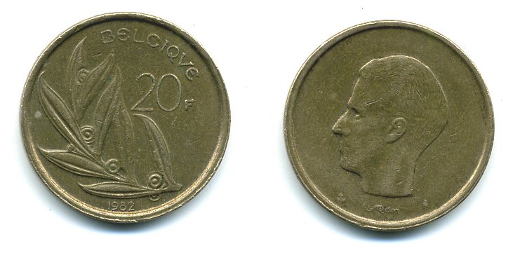 БЕЛЬГИЯ 20 ФРАНКОВ 1982 BELGIQUE KM 159 никель бронза 25-1653