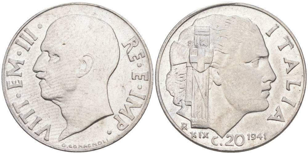 ИТАЛИЯ 20 ЧЕНТЕЗИМО 1941 R, ГОД XIX, ВИКТОР ЭММАНУИЛ III (1900-1946) KM 75b, VEM3. 1028 нержавеющая сталь 3853-1145