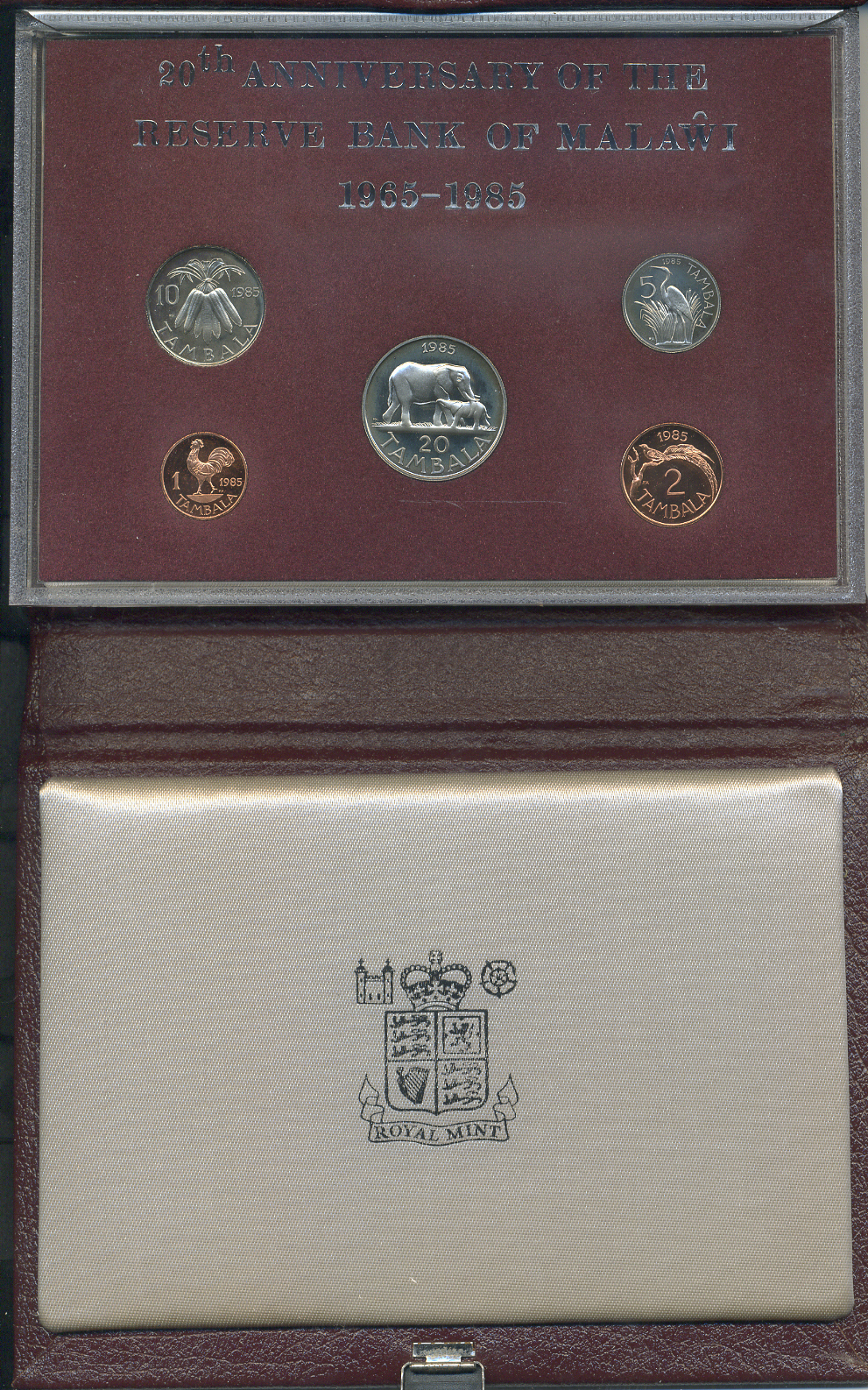 Малави набор из 5 монет 1985 20 лет Банку Малави, официальный набор в пластике, с сертификатом, в коробке KM PS 4 PROOF 14-01-02-08