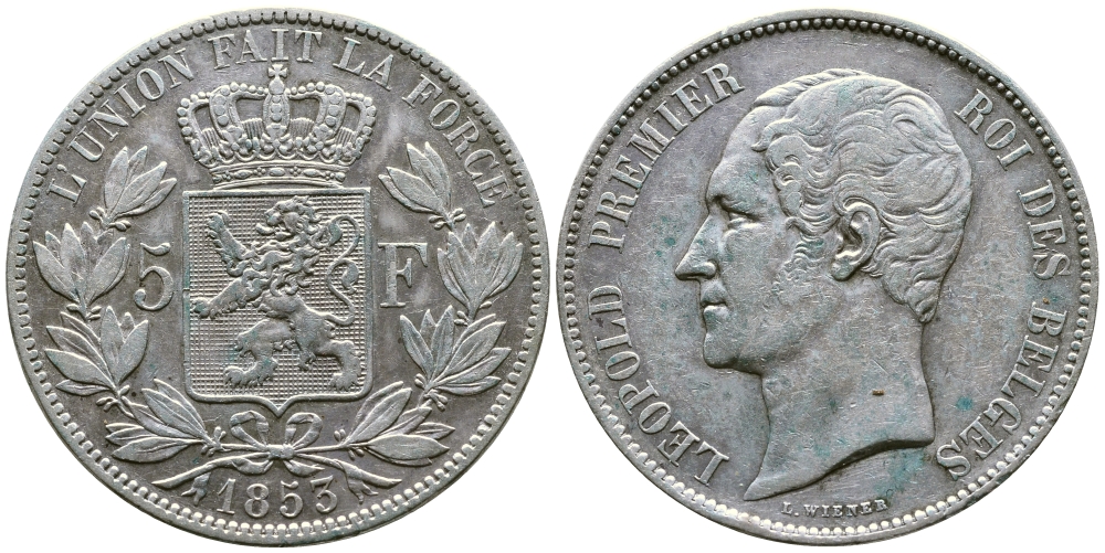 Бельгия 5 франков 1853 Леопольд I (1831-1865) KM 17 серебро 00-1067-5-61