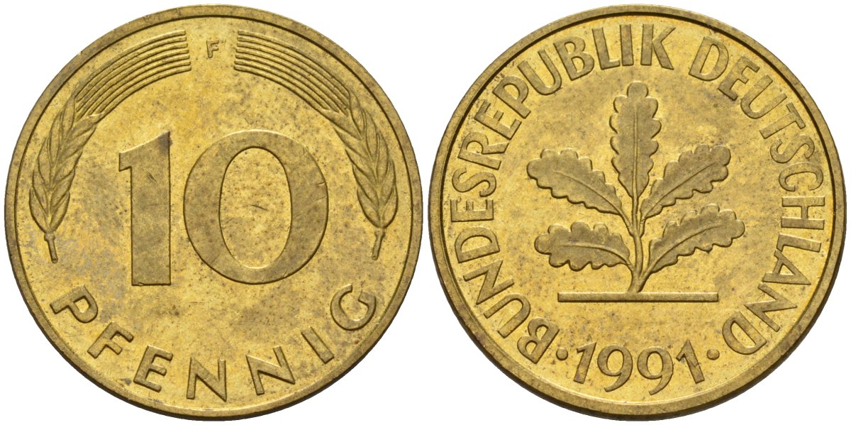 ФРГ 10 пфеннигов 1991 F KM 108, J. 383 сталь плакированная латунью 4175-1043