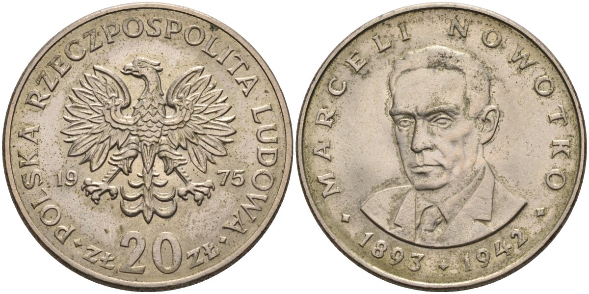Польша 20 злотых 1975 Марцелий Новотко, монетный двор Кремница KM 69, Parchimowicz 246b медно-никель 180-731