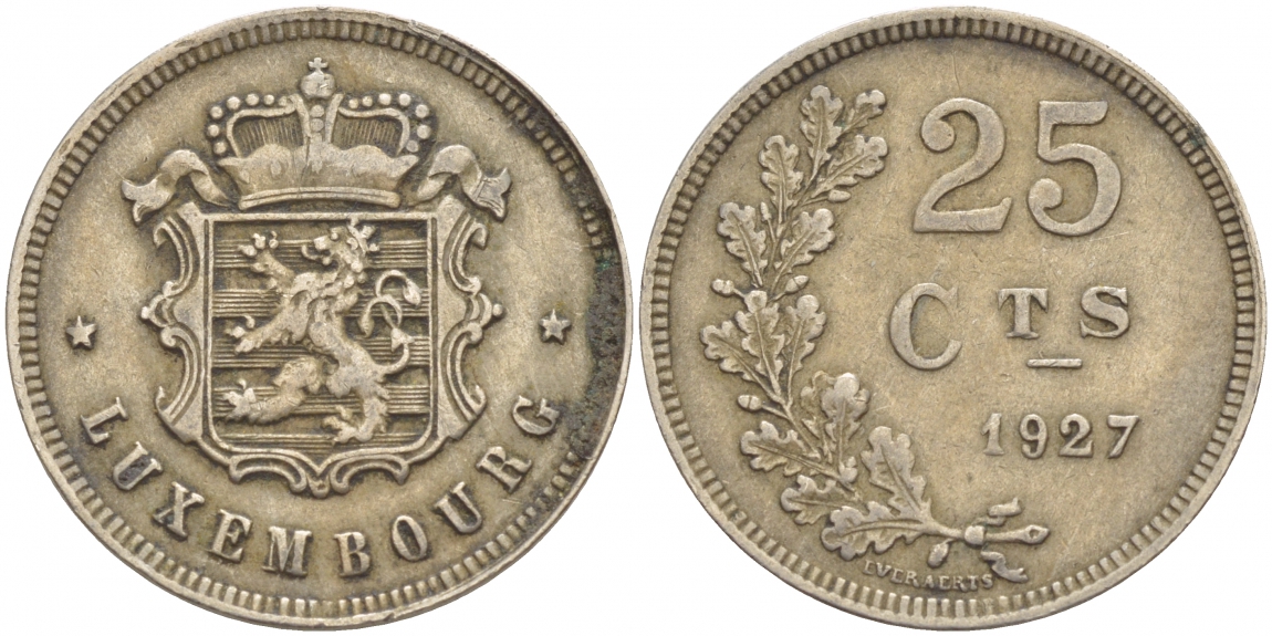 ЛЮКСЕМБУРГ 25 САНТИМОВ 1927 ГОД ТИП KM 37 медно-никель 4548-1036