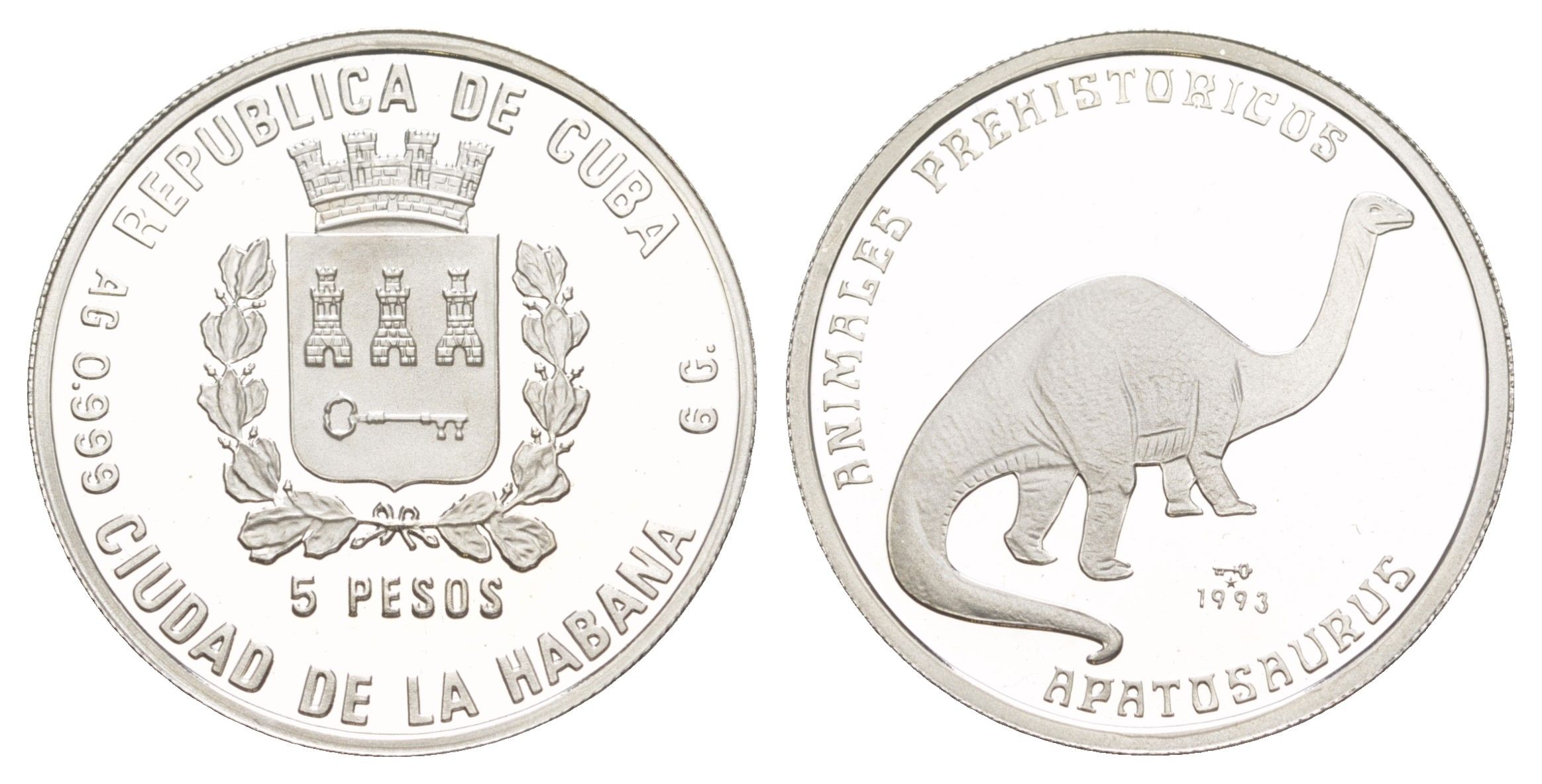 Куба 5 песо 1993 Доисторические животные - Апатозавр KM 405 серебро PROOF 11-085-13
