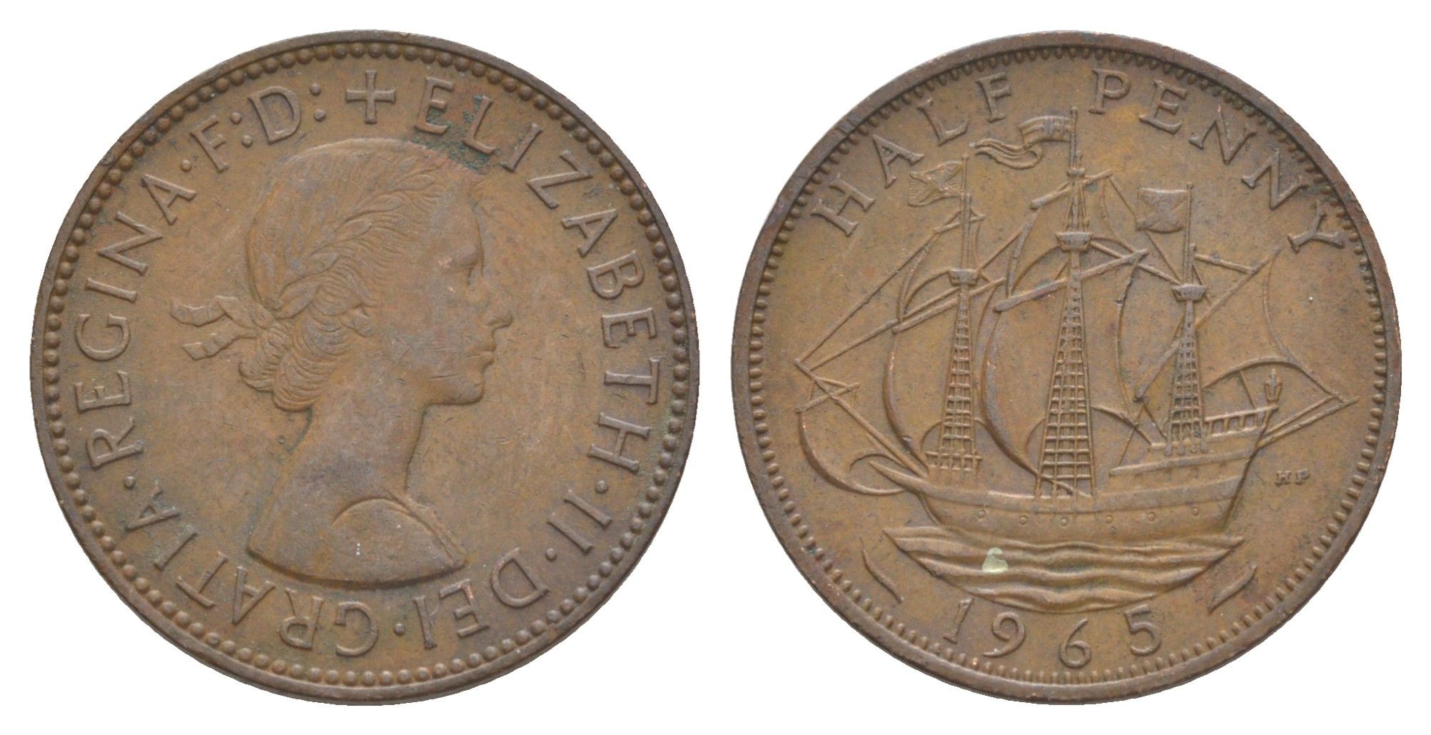 Великобритания 1/2 пенни 1965 Елизавета II (1952-2022) KM 896, Spink 4158 бронза 4538-147