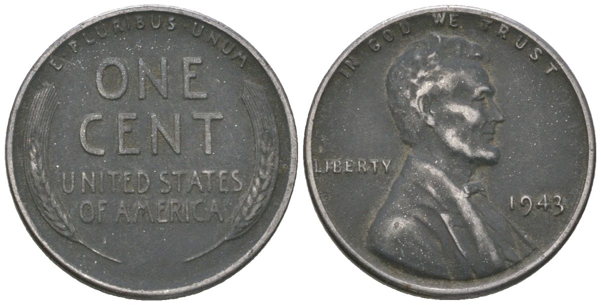 США 1 цент 1943 Авраам Линкольн KM 132 a сталь покрытая цинком 214-837