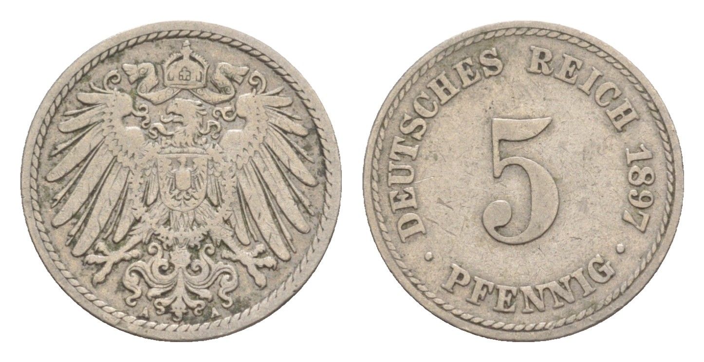 Германия 5 пфеннигов 1897 A, Вильгельм II (1888-1918) KM 11, J. 12 медно-никель 4639-1262