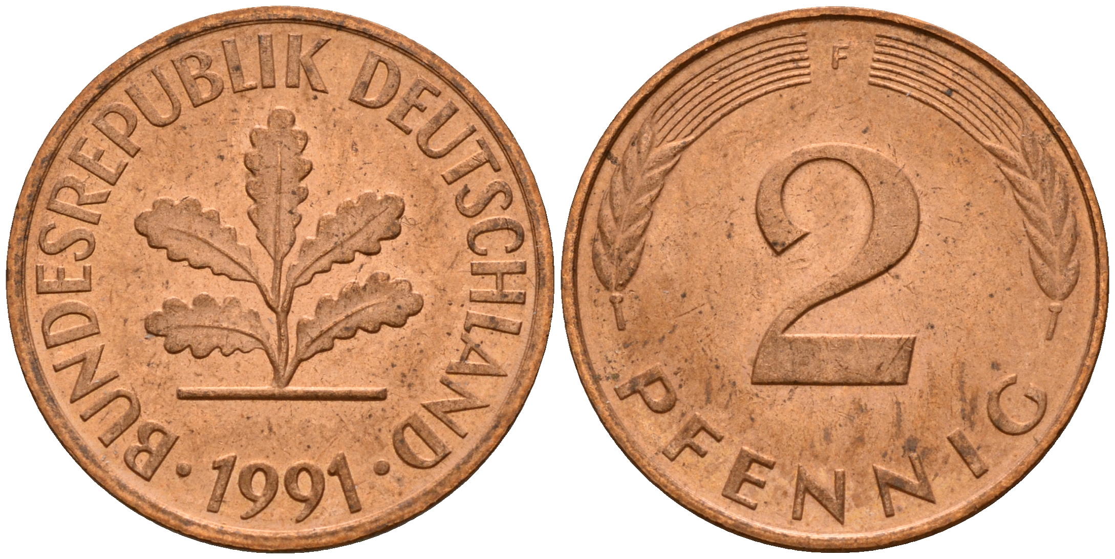 ФРГ 2 пфеннига 1991 F J.381a, KM 106a сталь плакированная медью    4598-929