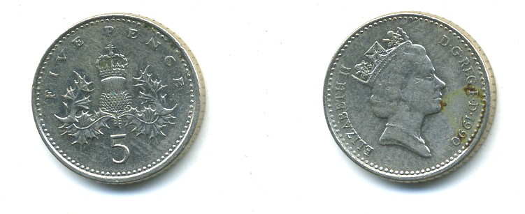 Великобритания 5 пенсов 1990 Елизавета II (1952-2022) KM 937b, Spink 4372 (D4) медно-никель 54-125