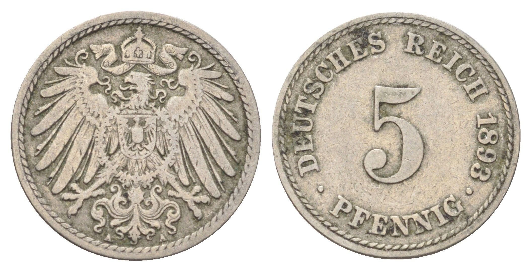 Германия 5 пфеннигов 1893 A KM 11, J. 12 медно-никель 4701-1024