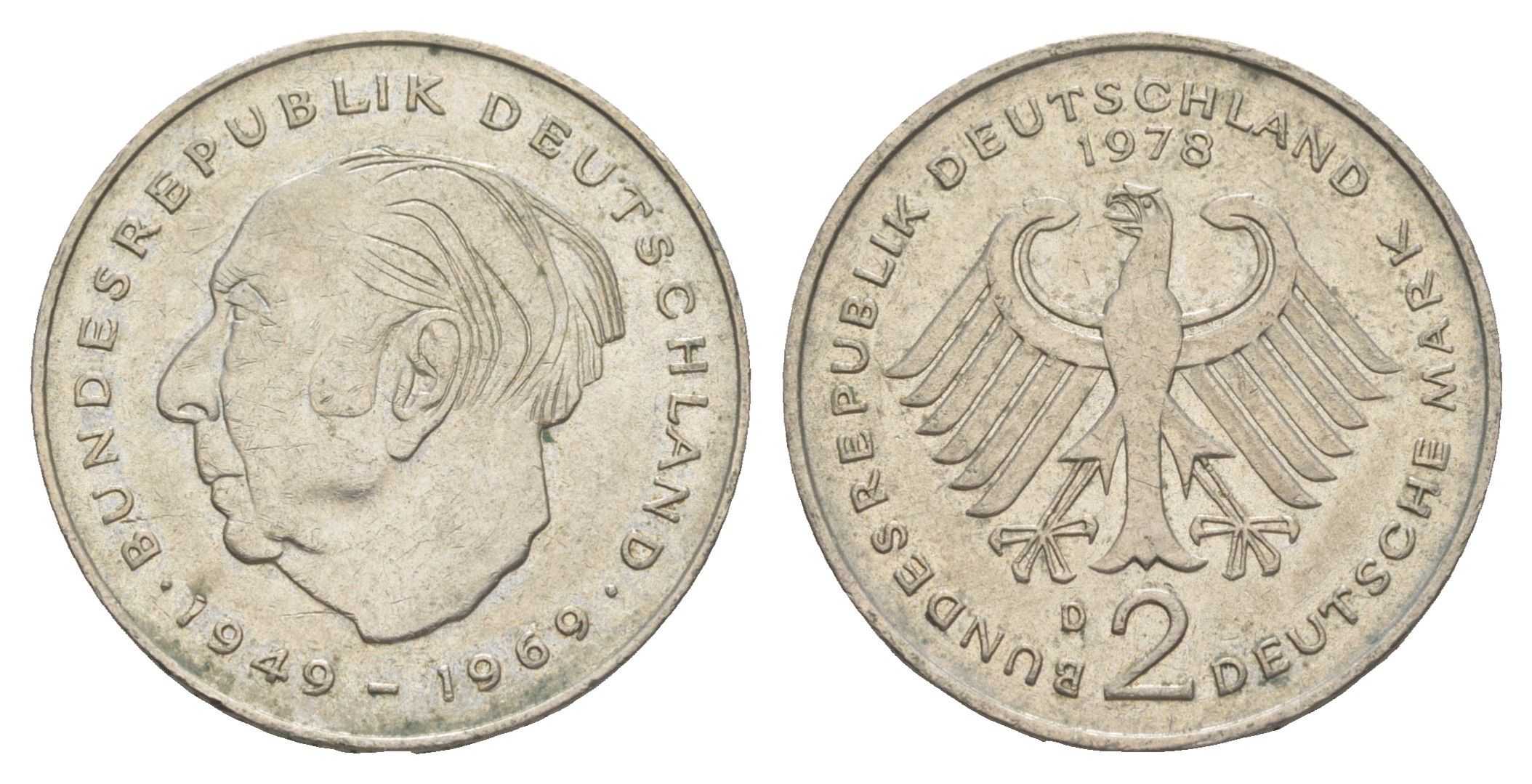 ФРГ 2 марки 1978 D, Теодор Хойс, 20 лет Федеративной Республике (1949-1969) KM A127 медно-никель 4156-124