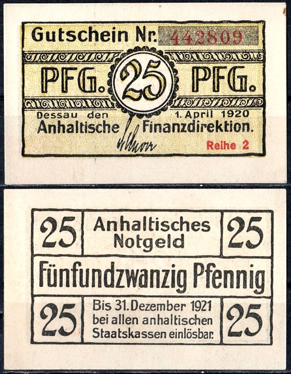 Анхальт 25 пфеннигов 1920 Mehl Grabowski A17.4b бумага UNC (пресс) 7556-44-4-1