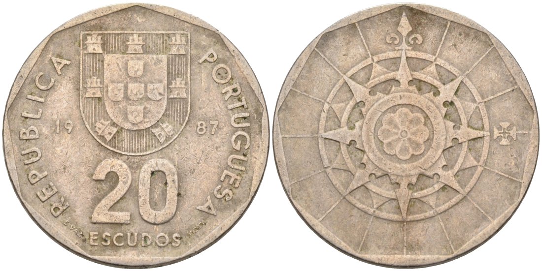 Португалия 20 эскудо 1987 KM 634 медно-никель 4572-1046