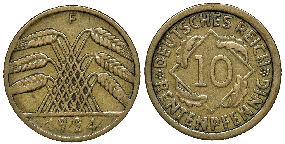Германия 10 рентенпфеннигов 1924 F KM 33, J. 309, Weege 8 алюминиевая бронза 72-1532