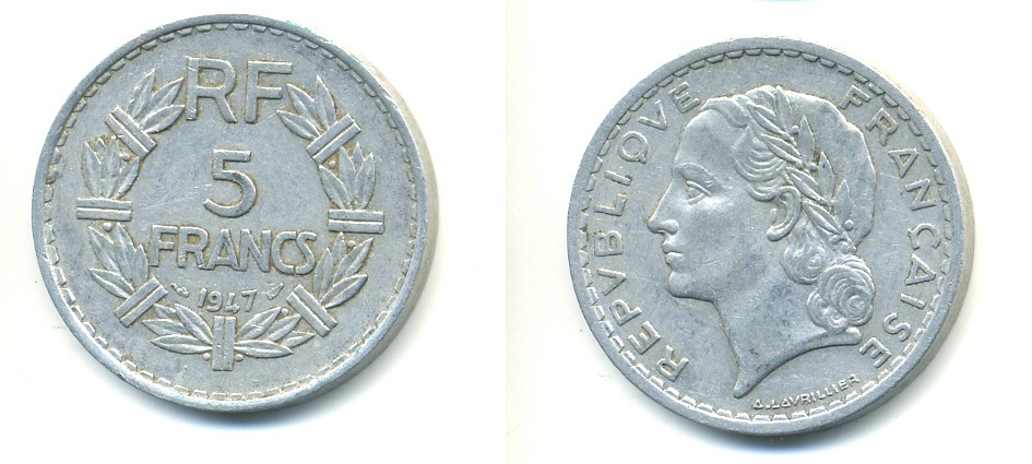 ФРАНЦИЯ 5 ФРАНКОВ 1947 CLOSED 9 KM 888b.1 алюминий 80-126
