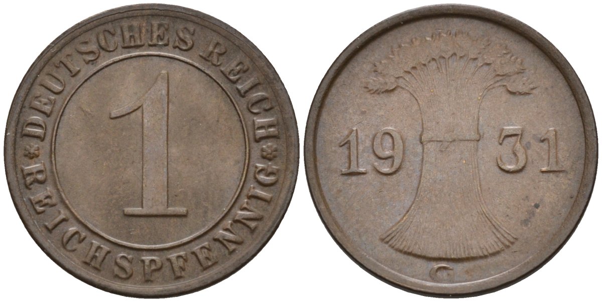 Германия 1 рейхспфенниг 1931 G KM 37, J.313, Weege 2 медь 4585-626